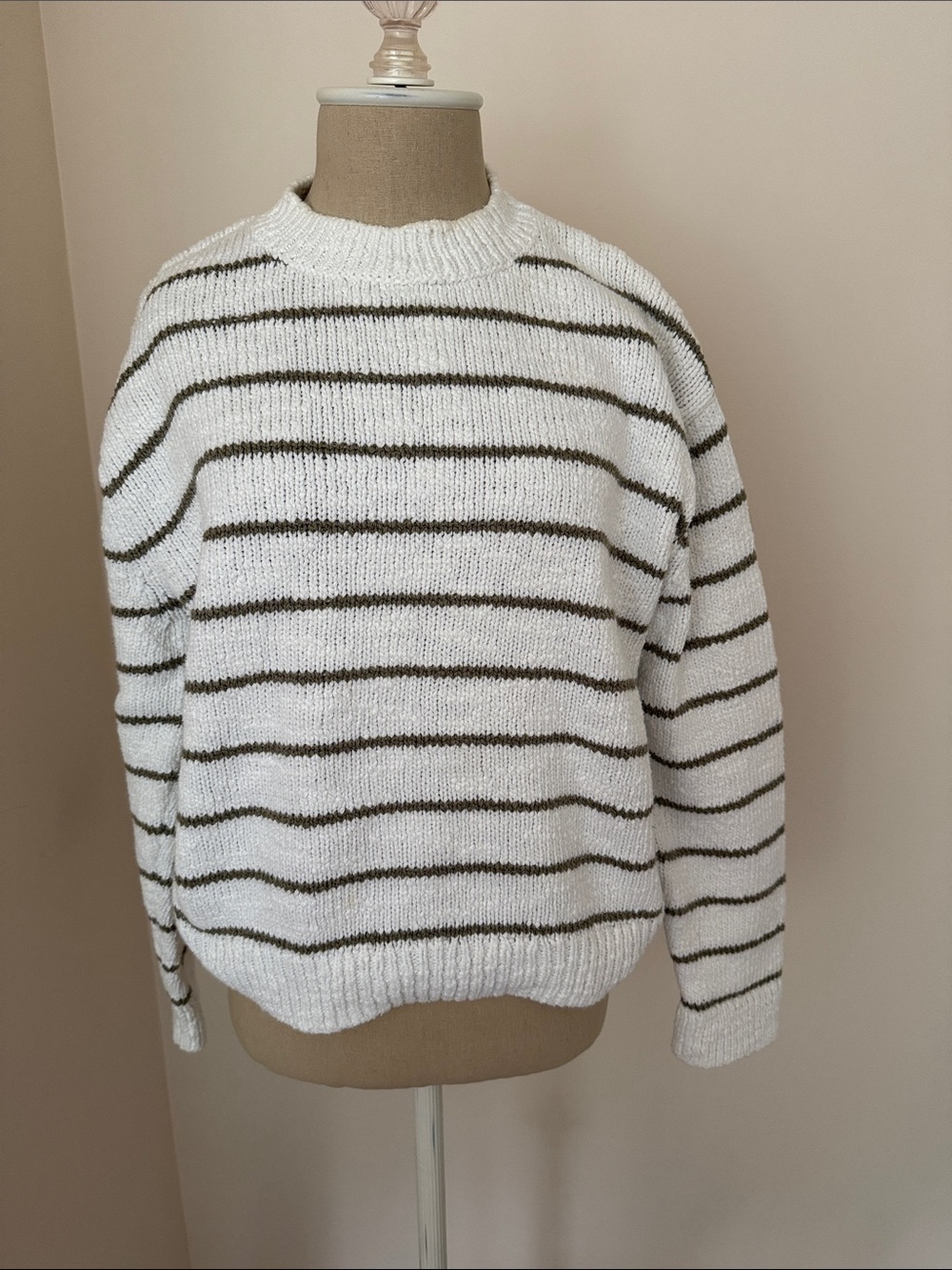 Vince White Sweater with Olive Stripe Detail